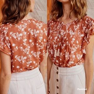 Becker Embroidered Flutter Sleeve Top clay blossom